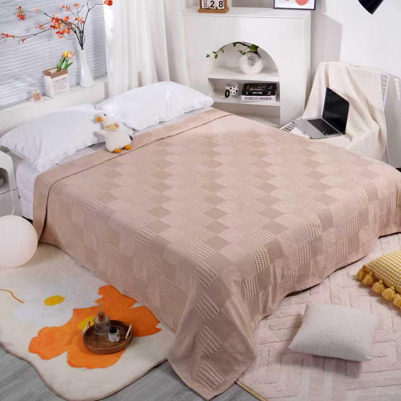 High-End Pure Cotton Gauze Blanket - Double Oversized Tassel Bed Cover in Waffle Weave Jacquard, 200x230cm. 200*230cm