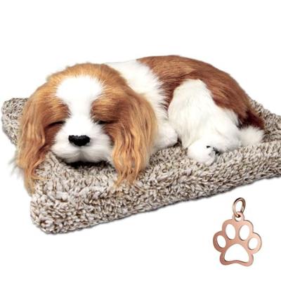 TATOTTE Dog Stuffed Animal - Realistic Sleeping Dog Figurine with Activated Charcoal - Relaxing Interior Decor - Comes with Mini Paw Print Charm (Cava