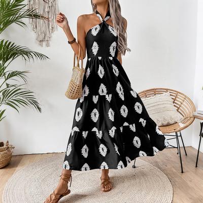 European and American Women's Clothing New Women's Sexy Neck Strap Bohemian Print Dress