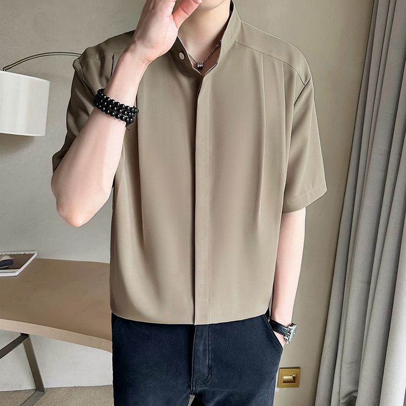 Ice Silk Chinese Stand-up Short-sleeved Shirt Men's Summer Fashion Brand Trendy Sense Handsome Seven-point Sleeve Casual Shirt
