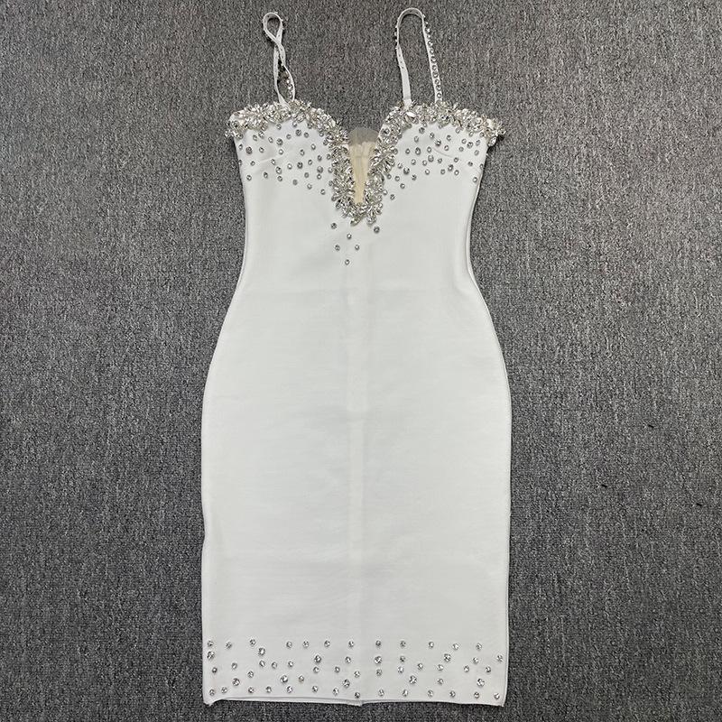 Women's European & American Rhinestone Strap Bodycon Bandage Dress - Sexy Socialite Style Evening Gown.