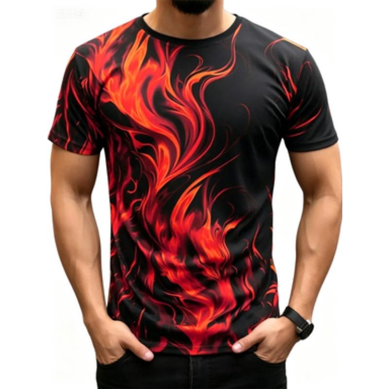 Modny Męski Trendy Krótki Rękaw Seria Płomieni Drukowany 3D Street T-shirt Okrągły Dekolt Casualowy Top