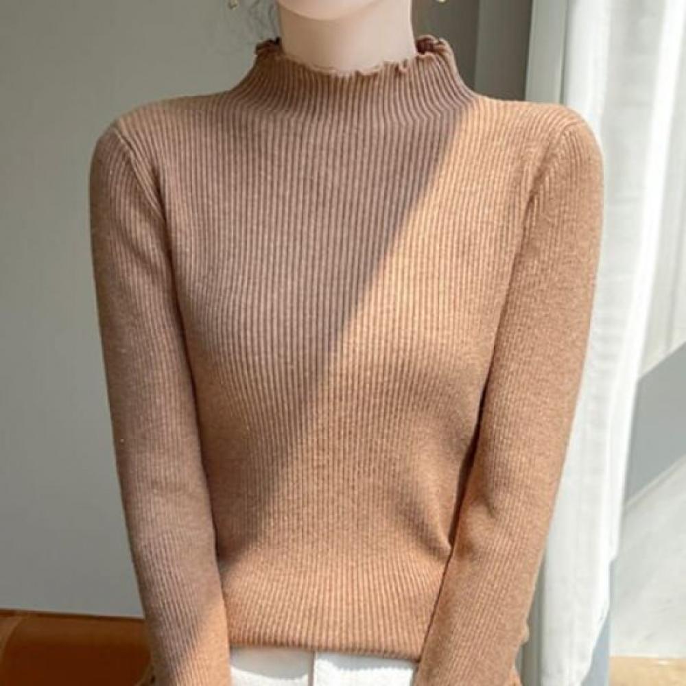 Navava Women Inner Pearl Ribbed Mock Neck Long Sleeve Knit Tee Nk2319