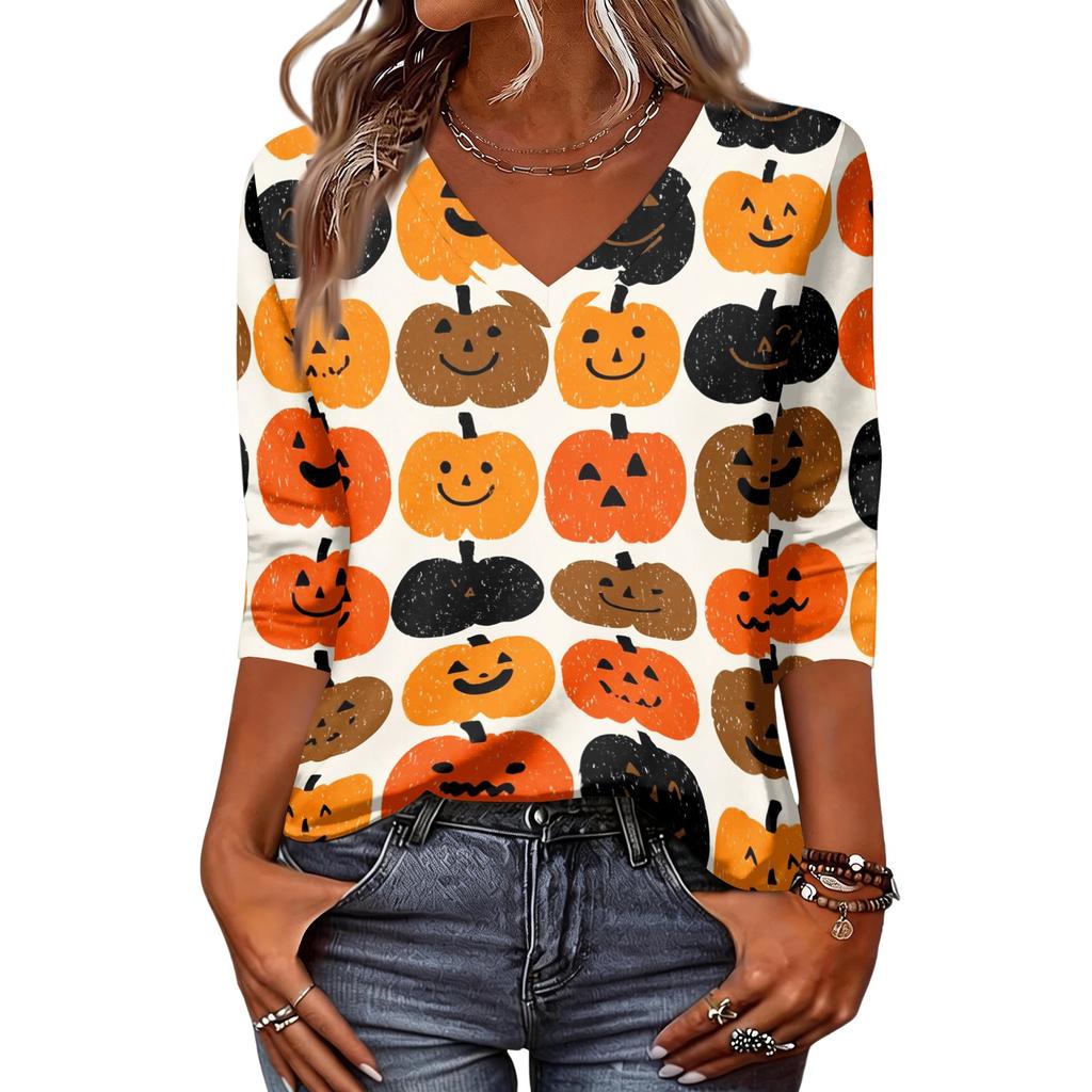 Women's Fashion Casual Halloween Print V-Neck Three-Quarter Sleeve Top