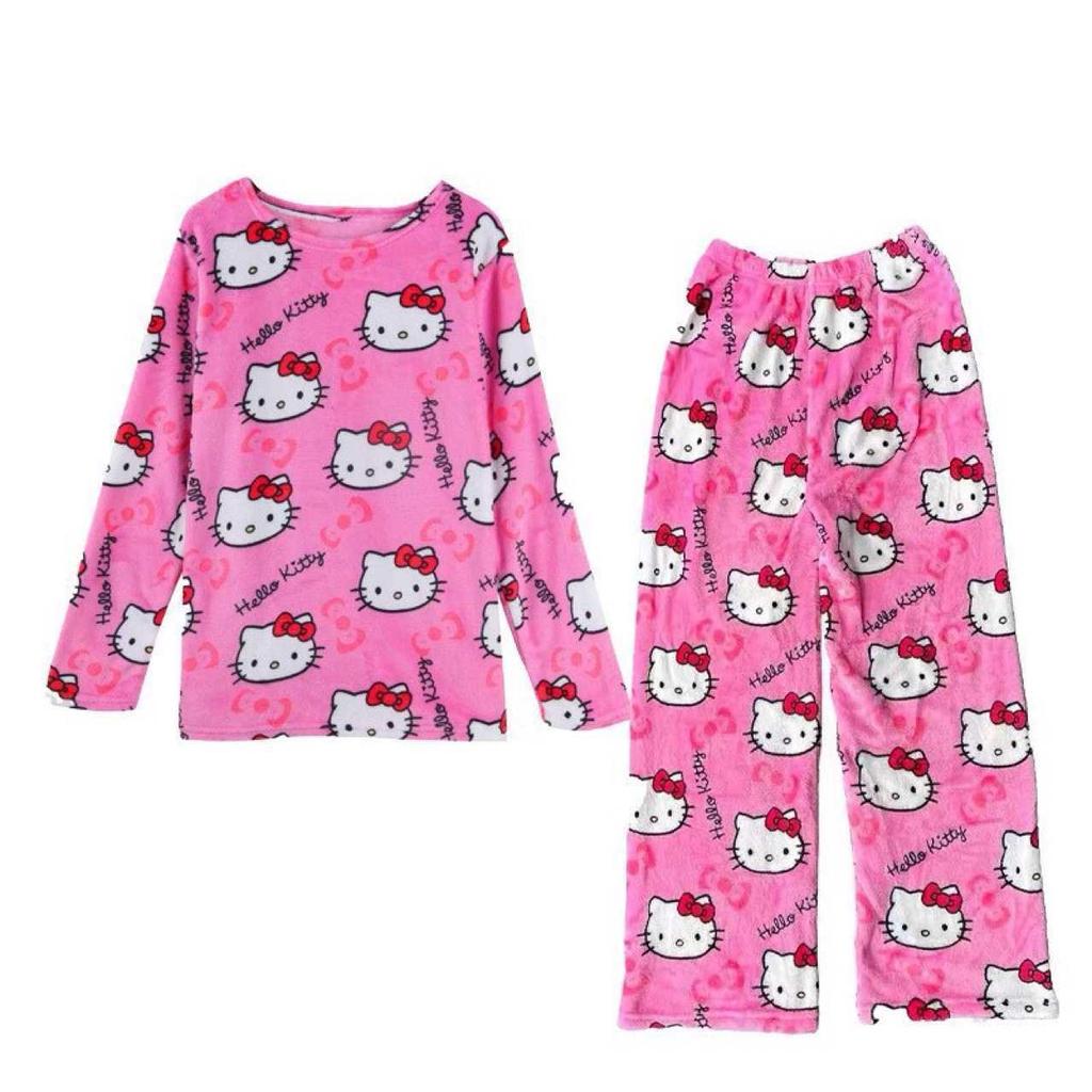 Damen Koreanischer Stil Flanell Cartoon Pyjamahose Set – Herbst/Winter Dickes Korallenfleece, Warme Lässige Homewear, Geeignet für Draußen