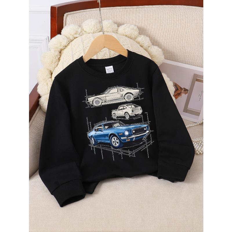European sizes Classic Muscle Car Blueprint Girls' Crew Neck Fashion Sweatshirt, Autumn Winter Western Top, Long Sleeved Casual.