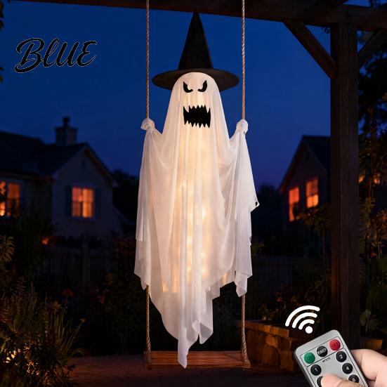 Animierte Halloween-Hoffiguren Leuchtendes Hängendes Schaukelgeister mit Hexenhut Fernbedienung Verstellbar Einfache Montage Requisiten Helligkeit Fliegend