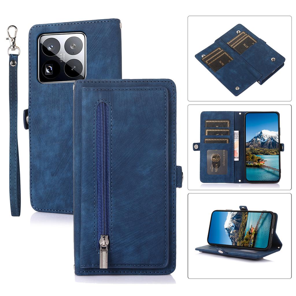 For Xiaomi 15 Pro Case Zipper Pocket 9 Card Slots PU Leather Phone Cover with Wrist Strap