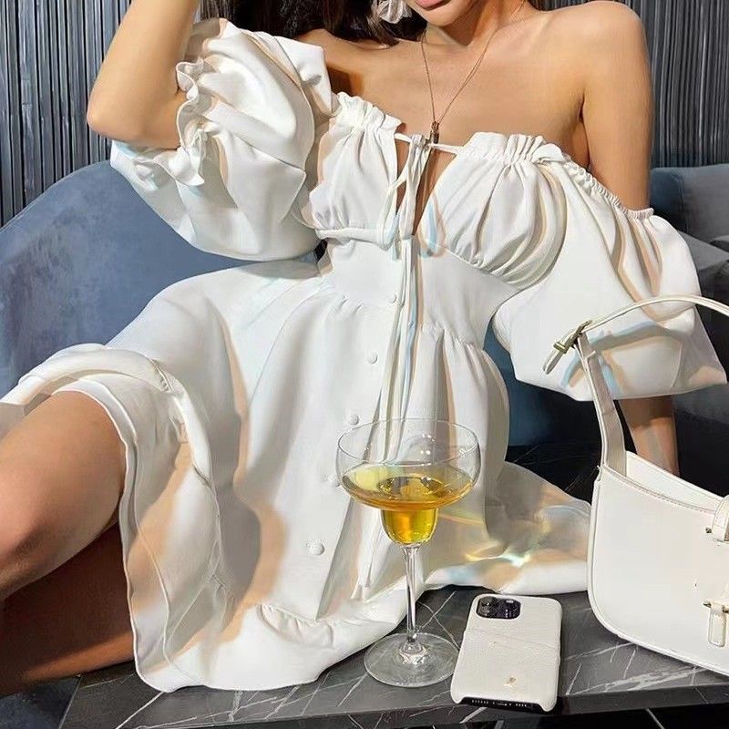 

European and American Sexy Short sleeve off-Shoulder Lace-up Dress Sexy Lace up One Line Neck Dress White S