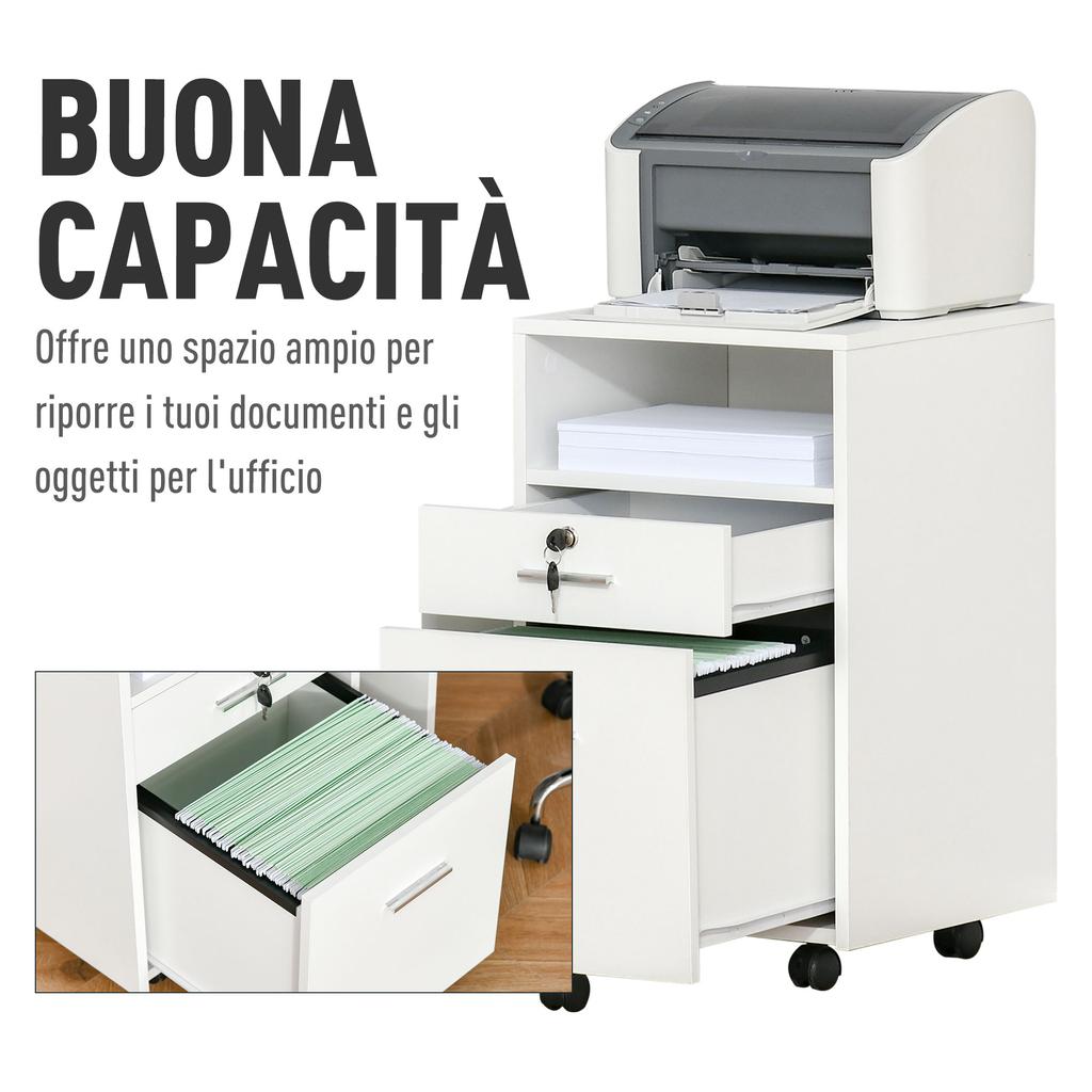 Lockable Two-Drawer Filing Cabinet, with Wheels - White