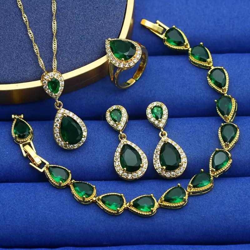 Vintage Jewelry Set For Women Green Water Drop Zirconia Gold Plated Includes Bracelet, Earrings, Pendant Adjustable Ring