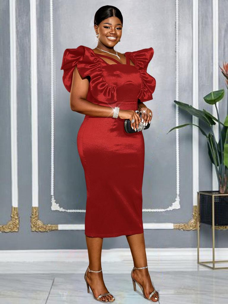 Elegant Plus Size Ruffle Sleeve Dress with High-Waisted Fit