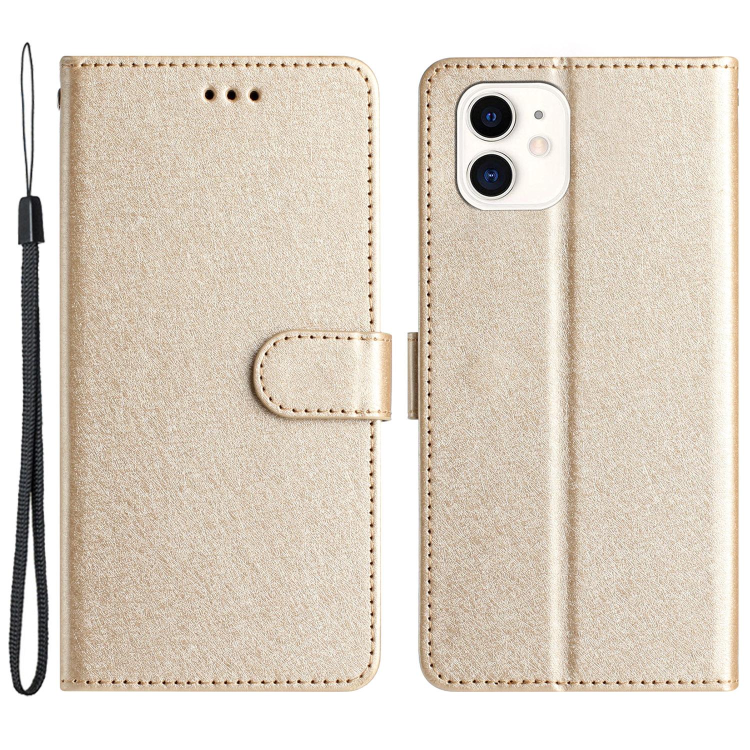 

Anti-scratch Case for iPhone 11 Silk Texture PU Leather Wallet Phone Stand Cover with Wrist Strap Gold
