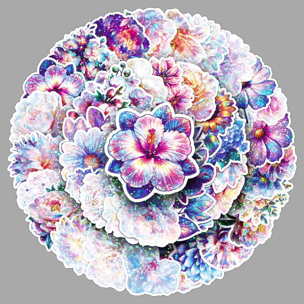 50 Sheets Holographic Iridescent Floral Stickers - Colorful, Waterproof, INS Style for Storage Boxes & Teacups