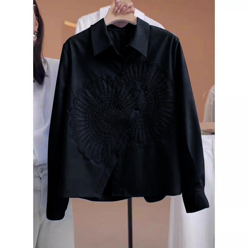 

Белая рубашка с подсолнухами для женщин, с длинным рукавом, весенне-осенняя, вышитый топ, шикарная женская рубашка с вышивкой XL чёрный