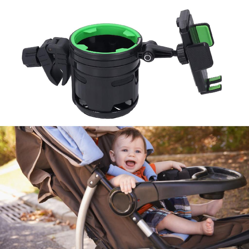 Kinderwagen-Getränkehalter mit Handyhalter 360 Grad Drehung Doppel-Becher- und Flaschenhalter Getränkehalter für Roller Fahrrad