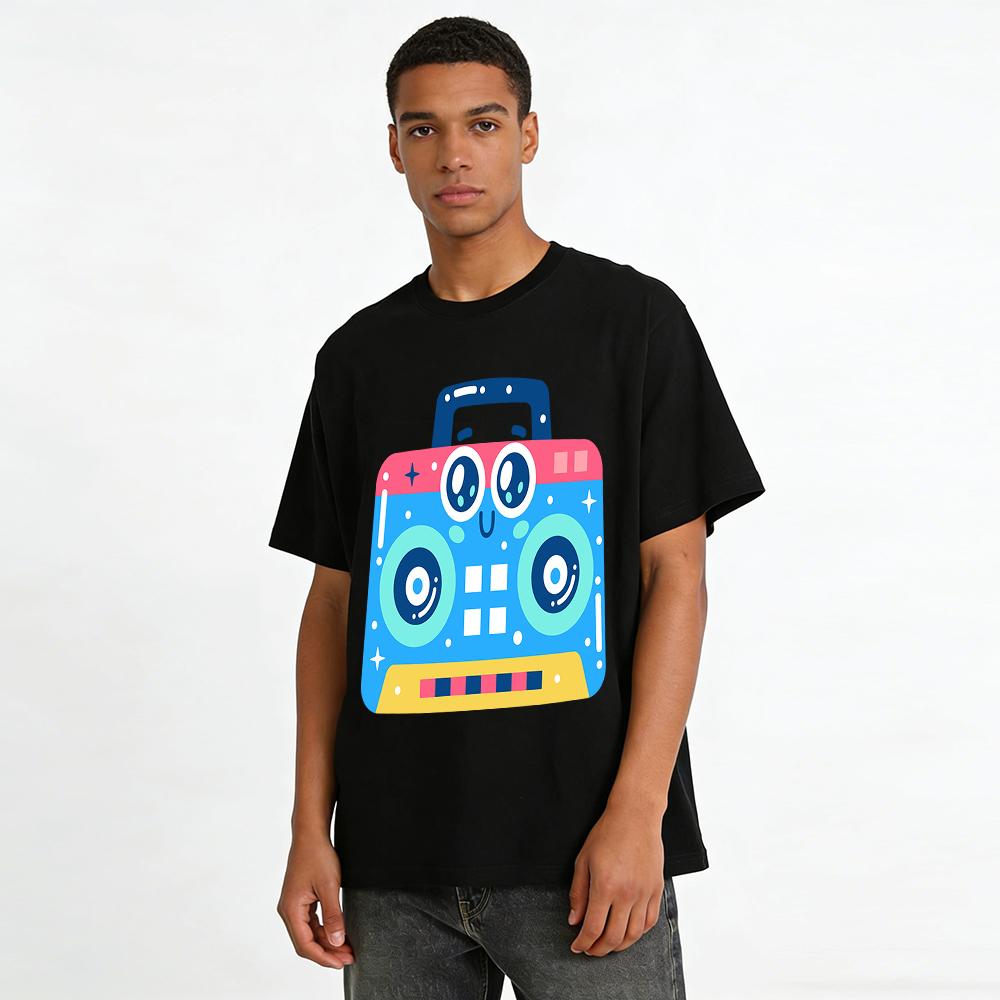 Vintage Fun Radio Print Casual T-Shirt Unisex Loose Breathable Versatile Daily Top Pure cotton T-shirt