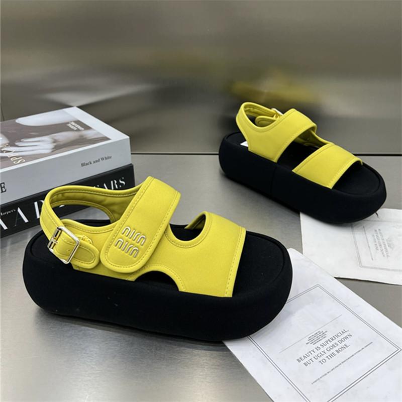 

Summer new Velcro thick-soled muffin one-word sandals women wear one-pedal heightening casual beach shoes 35