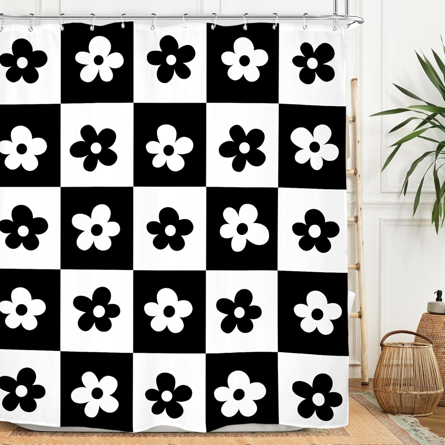 

Retro Flower Checkered Shower Curtain Set Colorful Groovy Aesthetic Funky Trendy Modern Pastel Bathroom W60H190(CM)-1 Pcs