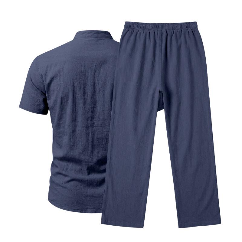 Men's Linen Short-Sleeve Henley Shirt & Long Pants Casual Sportswear Set