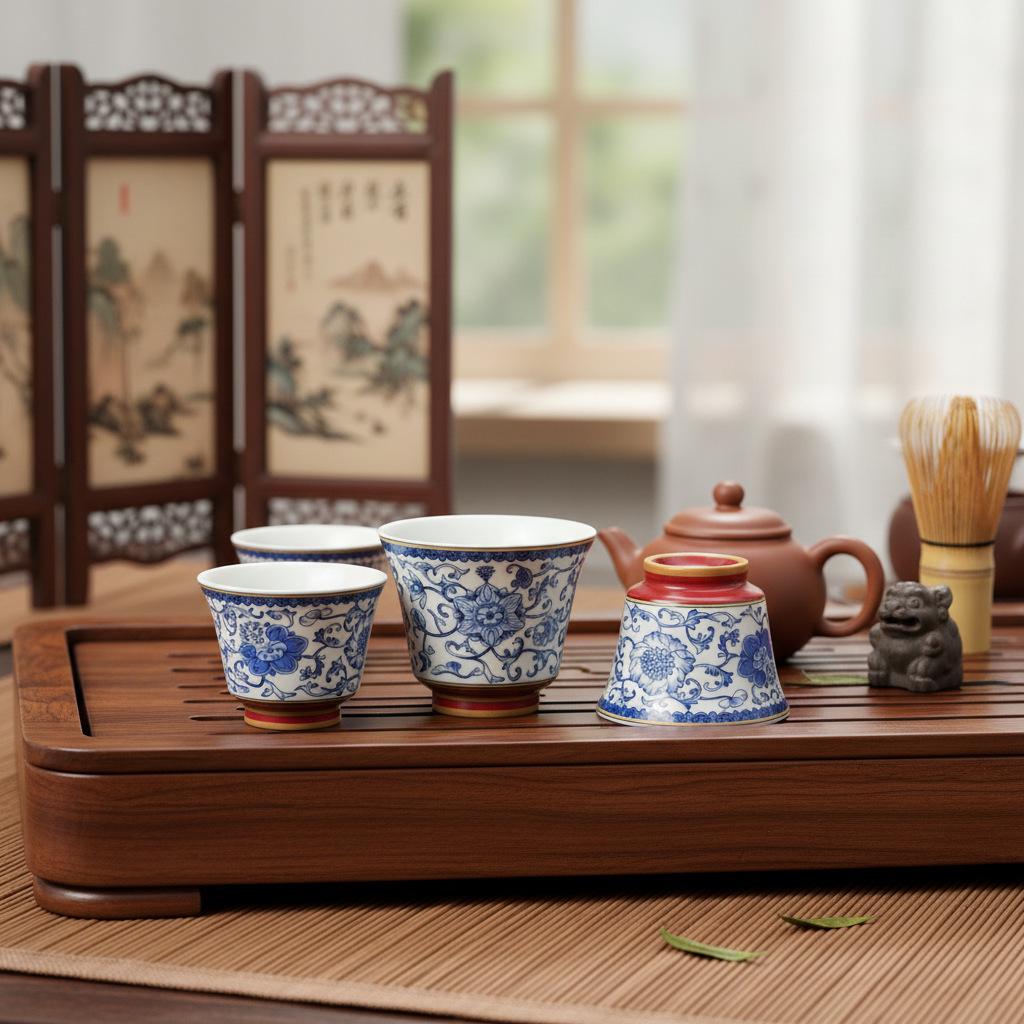 Blue and White Porcelain Lotus Kung Fu Tea Set: Enamel Teacup, Hovering Lid, Teapot, Saucer, and Master Cup.