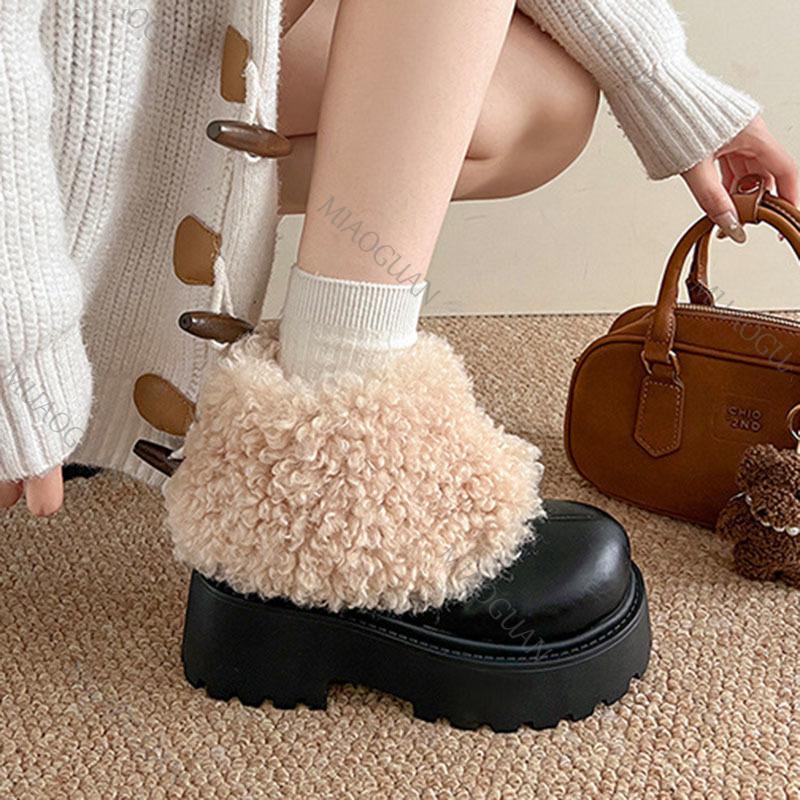 Vintage Style Brown Black Retro Platform Snow Boots for Women 2025 New Winter Plush Lined Chunky Heel Leather Botas Women's Shoe
