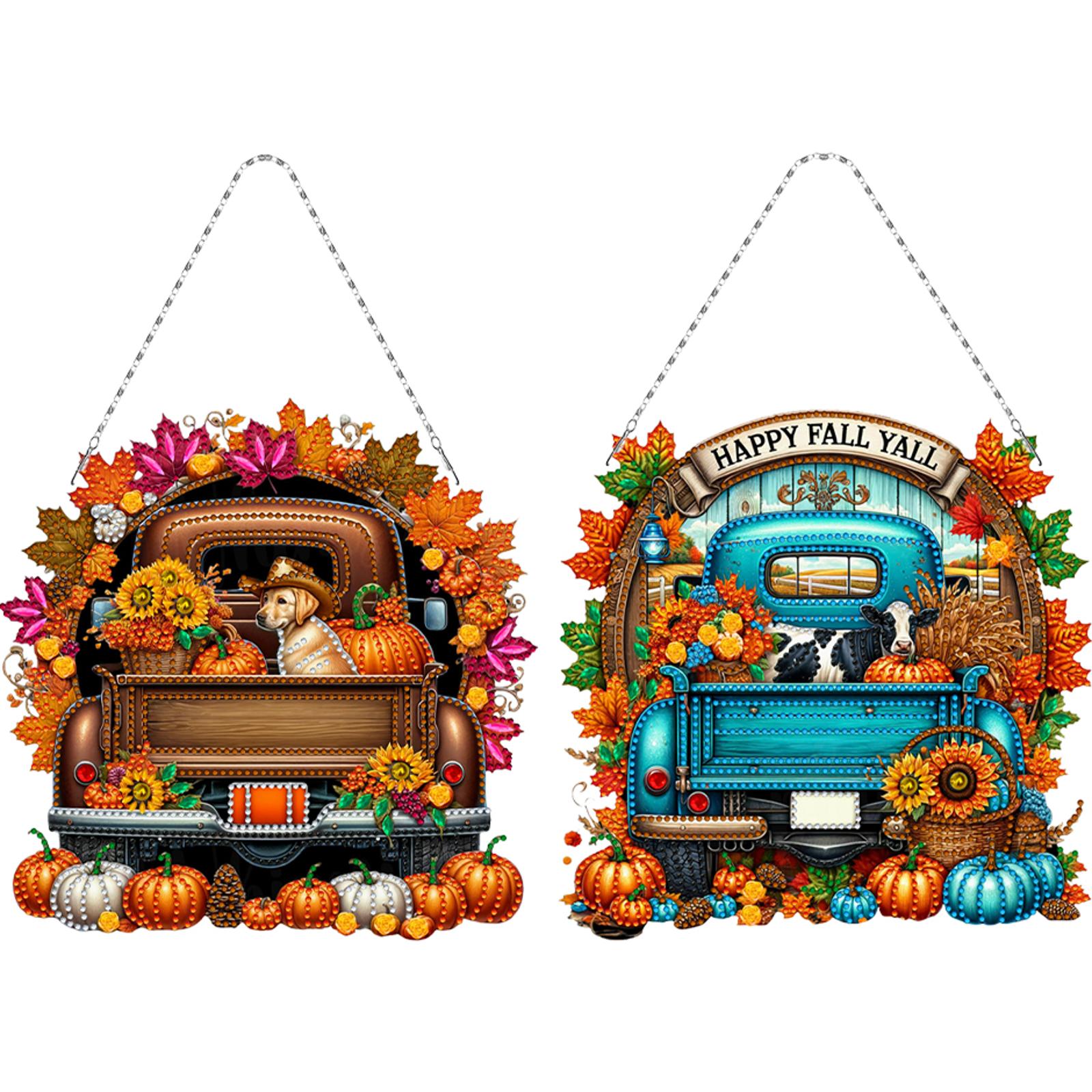 

2PCS Pumpkin Car Theme 2D/Flat DIY Special Shape Rhinestone Diamond Art Window Pendants Diamond Painting Set Diamond Art Pendant