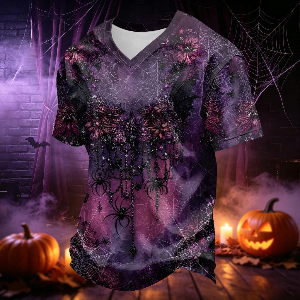 Men's V-Neck Halloween Novelty Printed T-Shirt for Holiday Party and Casual Wear