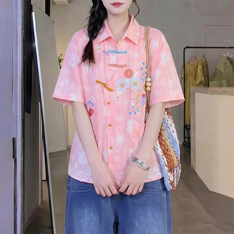 ZANZEA Women Casual Turn Down Collar Loose Short Sleeve Floral Print Blouse