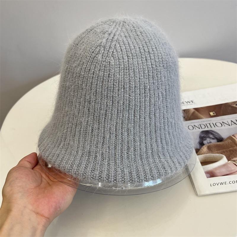 Rabbit hair blended wool knitted vertical striped bucket hat women's autumn and winter warm solid color literary fisherman hat