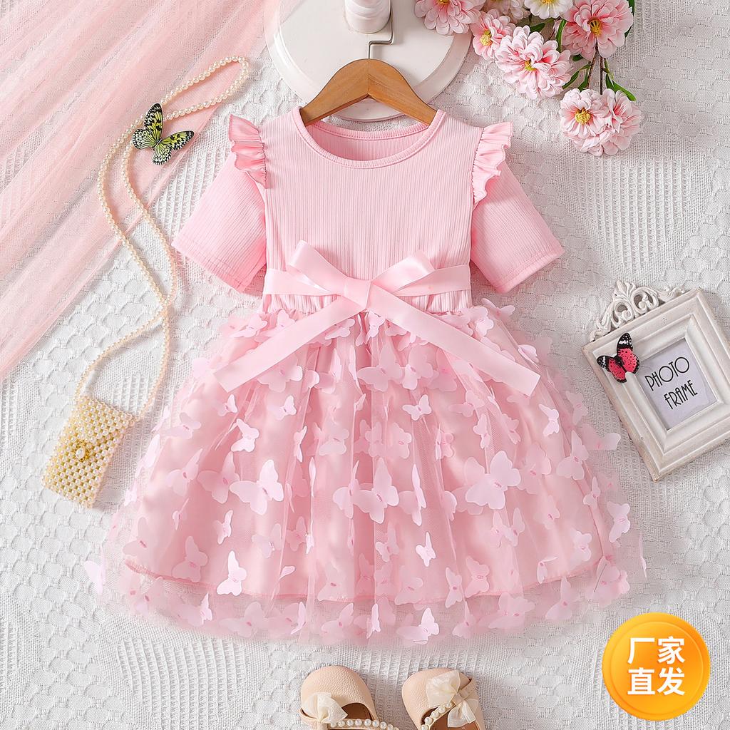 Summer Girls 3D Flower Princess Dress Short Sleeve Birthday Party Gown For Toddler Baby First Year Celebration