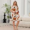 Women's Casual Zip Front Robe with Leaf Print, 3/4 Sleeve, Knee-Length, Lightweight Sleepwear with Pockets