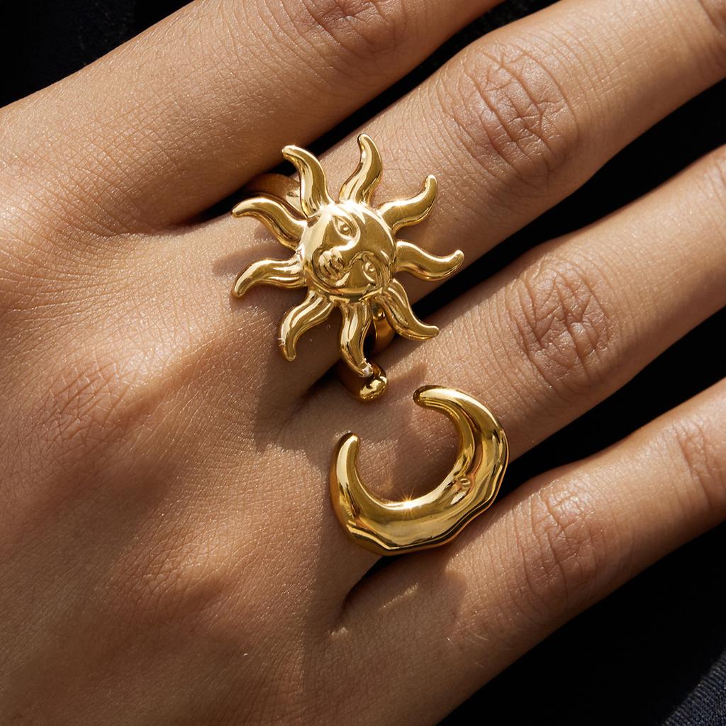Yori Stainless Steel Sun Moon Classic Thin Chic Ring Personalized Metal Texture Rust Proof Charm Fashion Jewelry for Women