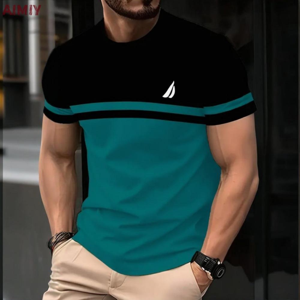 Men's T-shirt Summer Outdoor Casual Round Neck Short Sleeve Top Stripe Printed Style Loose Men's Clothing