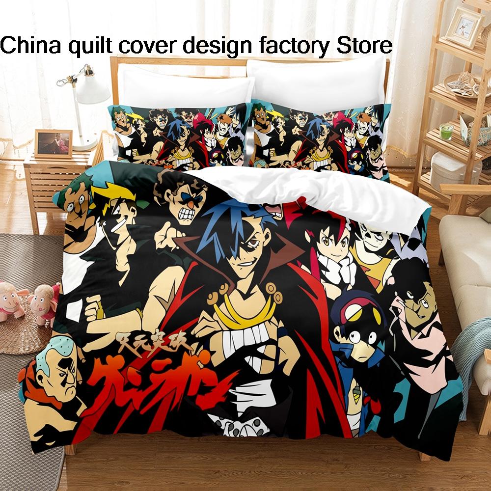 Bed linen 3Pcs Gurren Lagann Anime Bedding Set 3D Print Kamina Mecha Duvet Cover Pillowcases for Teens Fans Room Decor Gift