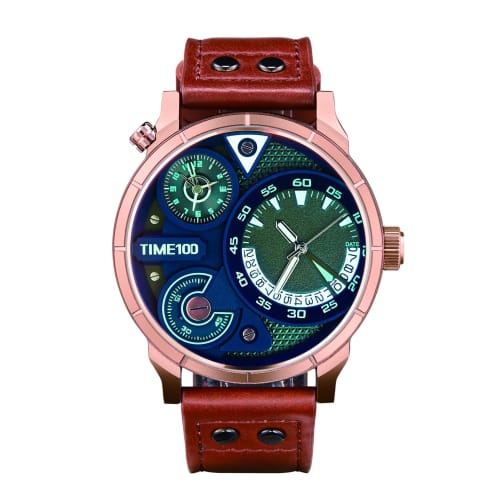 

TIME100 Men s Dual Time Watch, Waterproof, Battery-Operated, with Second Hand, Analog, Stylish Watch, Brown