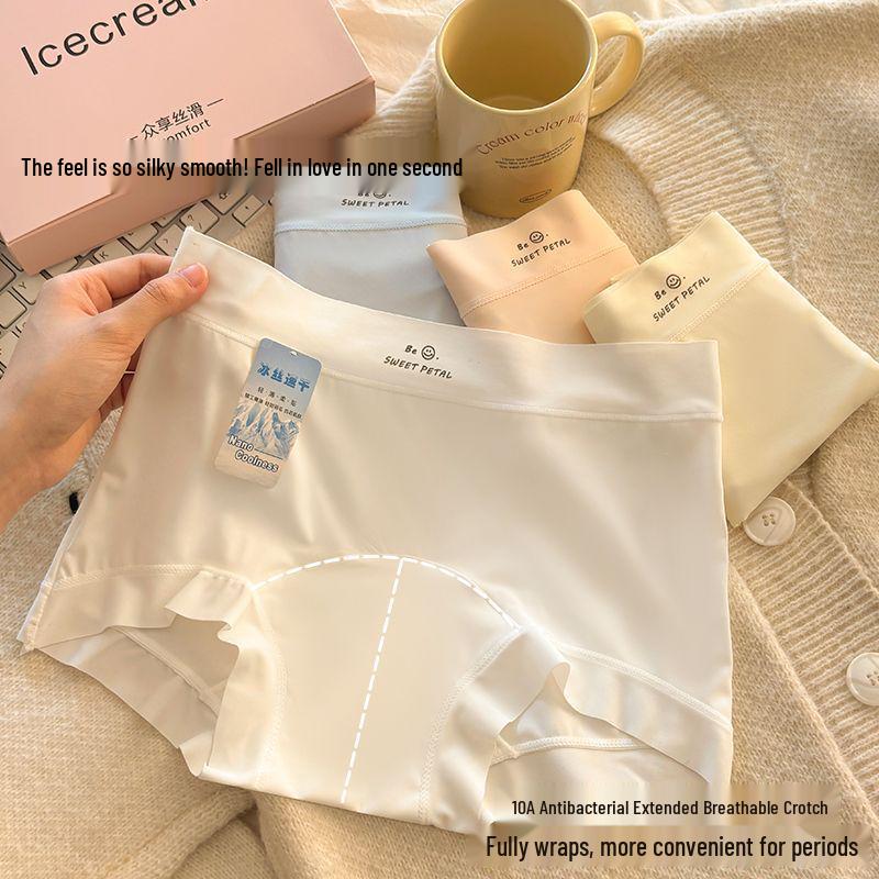 Ourofeng Women's Seamless Ice Silk Mid-Waist Briefs with Breathable Cotton Crotch