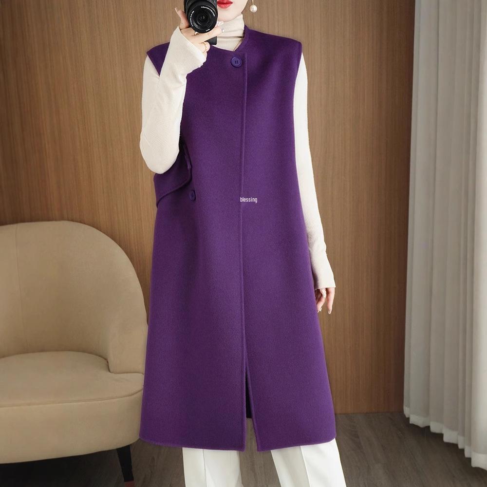 Chaleco Extra Largo de Lana 100% de Doble Cara para Mujer - Ropa Exterior Clásica Casual sin Mangas