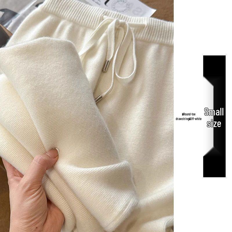 Small Off-White Fleece-Lined High-Waisted Wide-Leg Knit Pants for Women - Size 145XXS XL