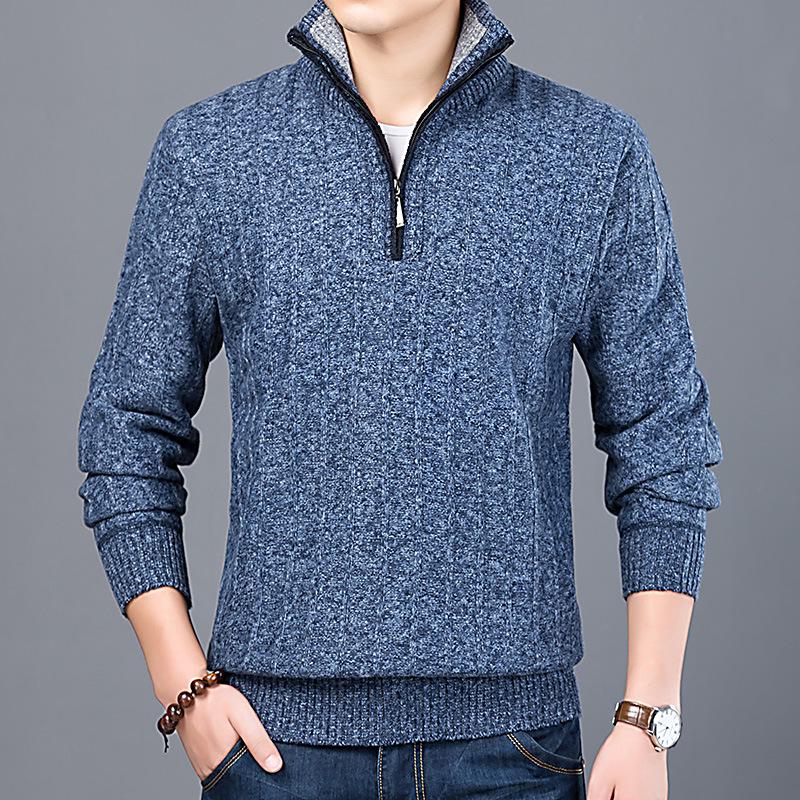 

Men s Winter Fleece-Lined Stand Collar Sweater - Casual & Trendy Knit Outerwear Medium синий