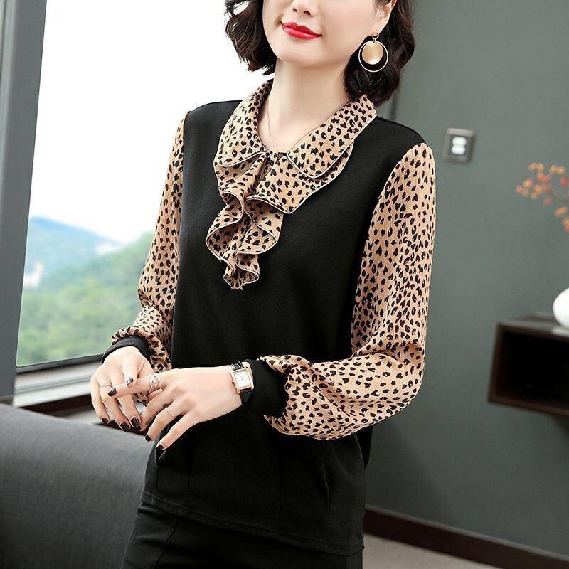 Spring Autumn Middle-aged and Elderly T-shirts Large Size Loose Western Style Tops, Long-sleeved Shirts Thin Bottoming Shirts Women