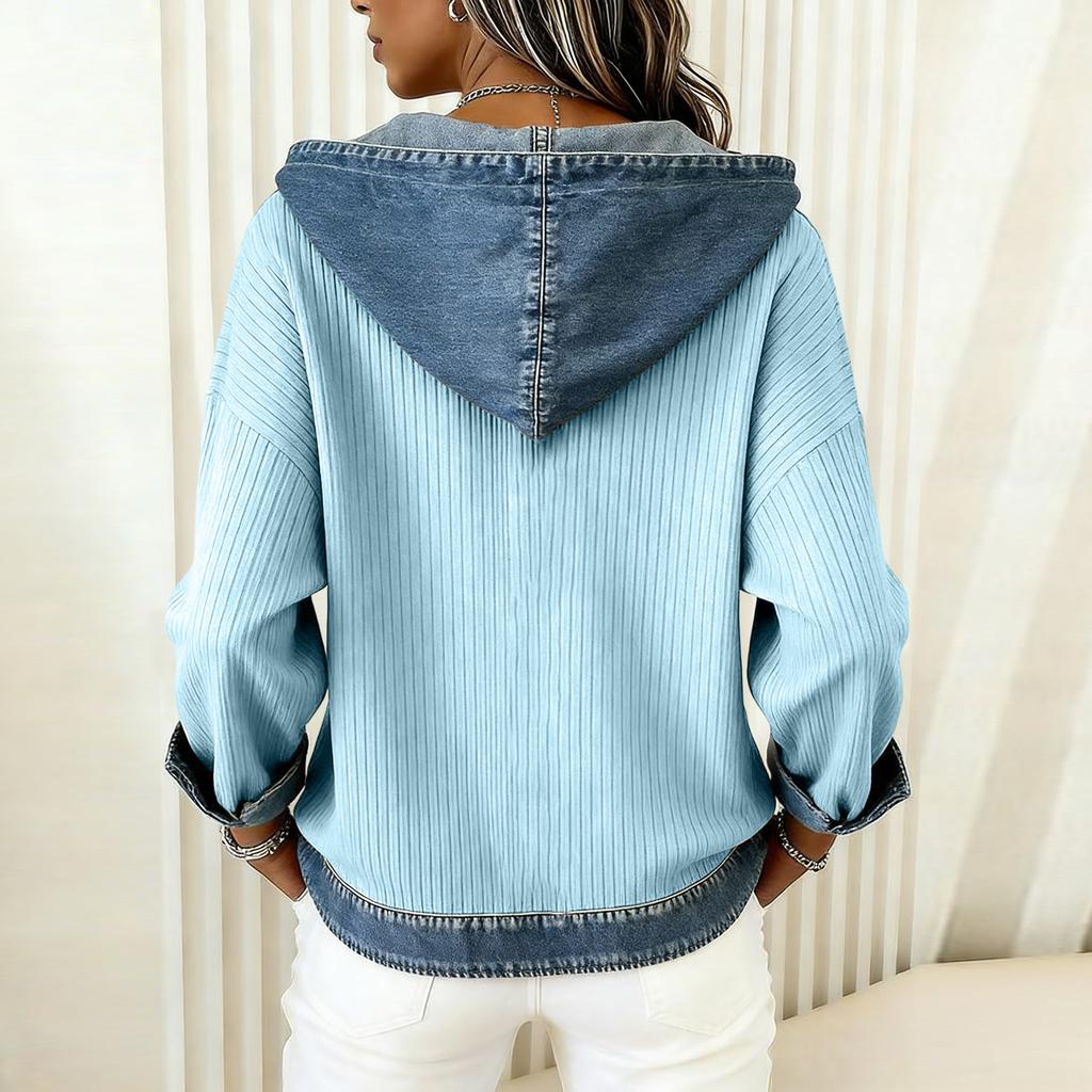 Damen Karo Denim Kapuzenpullover Patchwork Denim Pullover Langarm für Damen