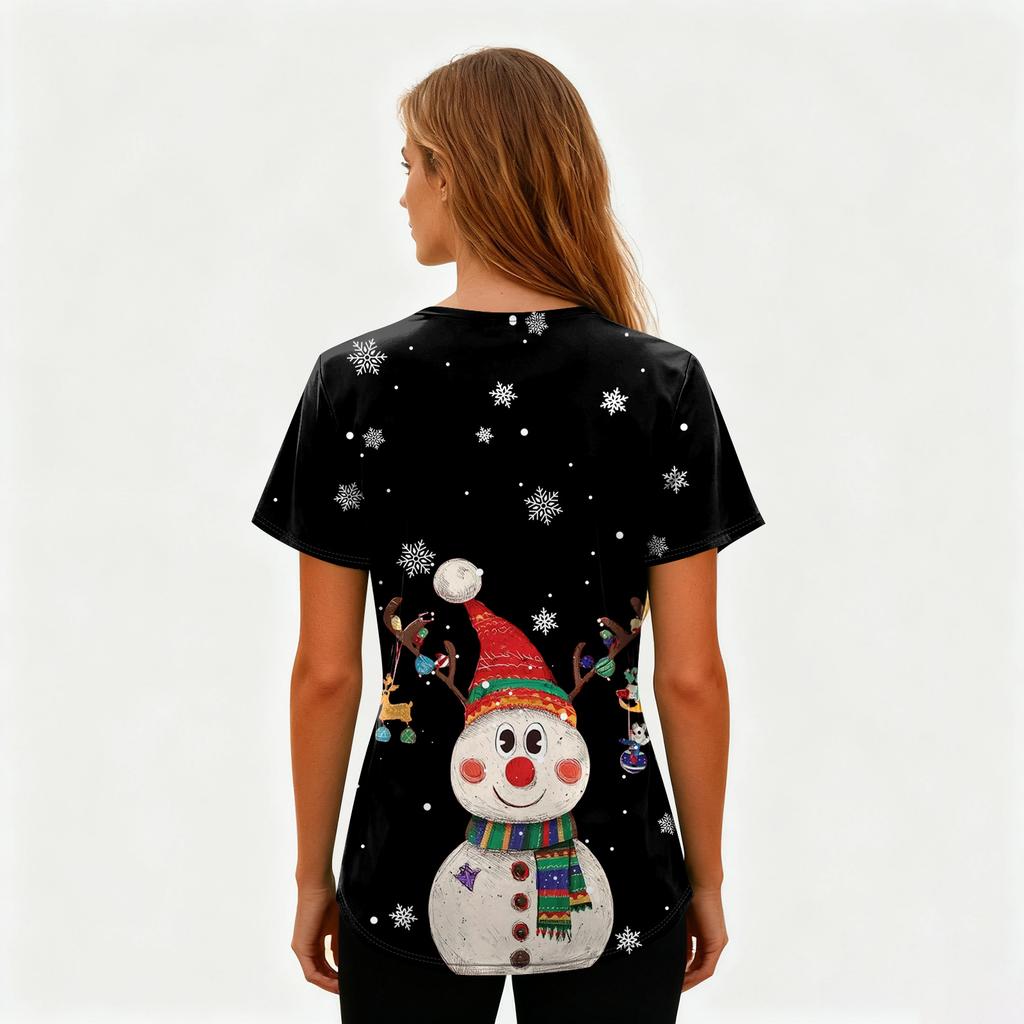Ladies' Fashionable V-neck Pocket Short Sleeved Christmas Tree Printed Caregiver Uniform