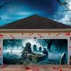 Halloween Garage Banner Polyester Durable Terrifying and Eerie Cemetery with Crows and Long-haired Ghosts Terrifying Party