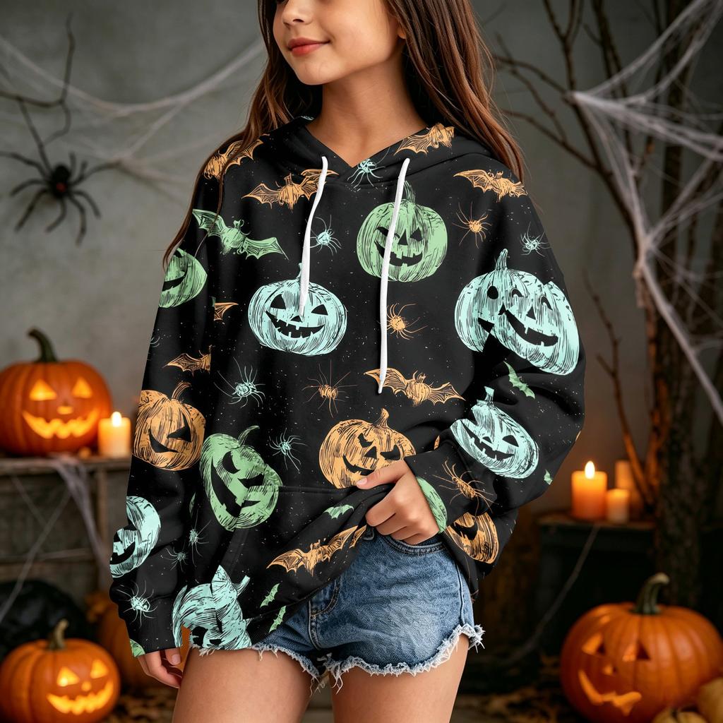 Kids Casual Hooded Sweatshirt with Halloween Print Pullover for Daily Wear