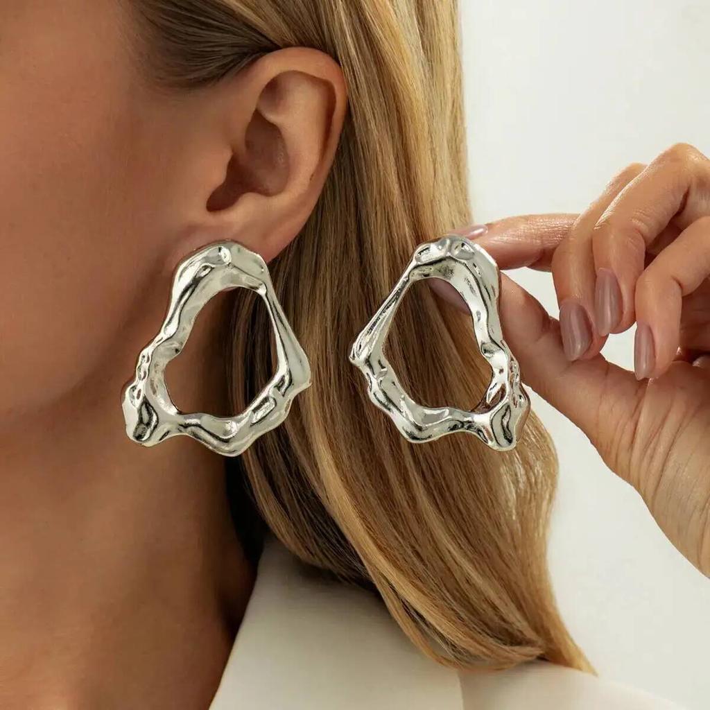 IngeSight.Z Exaggerated Geometric Gold Color Hollow Stud Earring Women New Trendy Irregular Metal Fold Piercing Ear Jewelry Gift