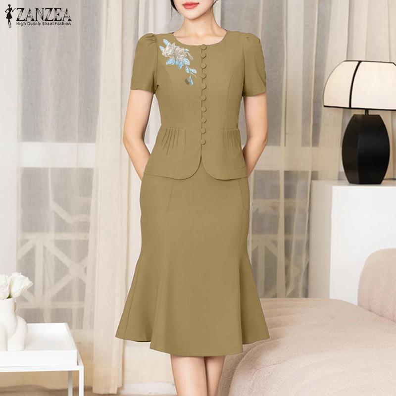 ZANZEA Women Short Sleeve Print Blouse and Ruffles Skirts Casual Two Piece Suit Sets