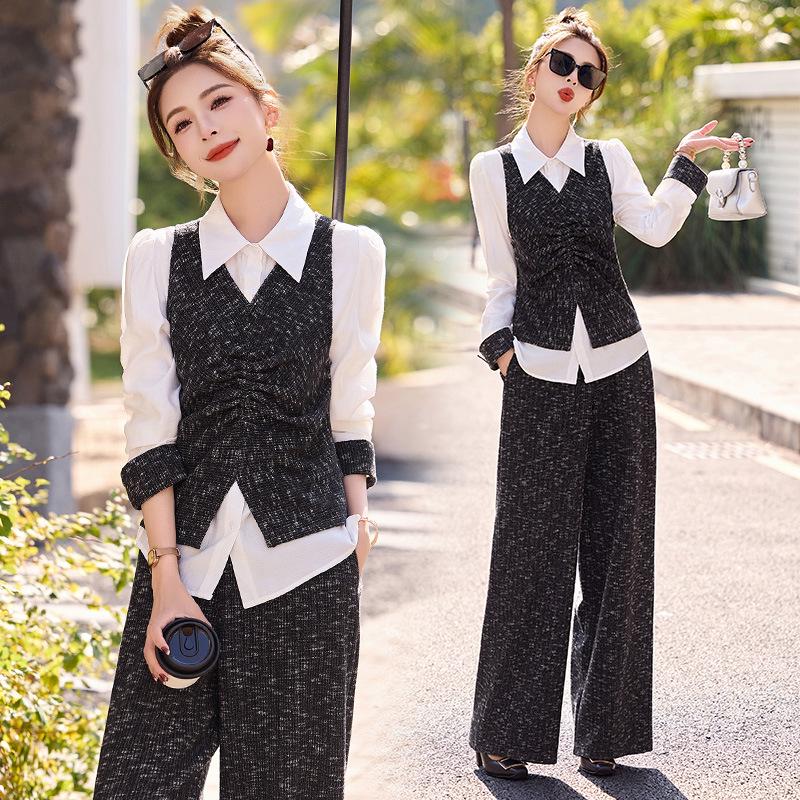 

Весна 2025 Элегантный комплект-тройка: Рубашка с длинным рукавом, Модный жилет, Брюки широкого кроя XXL (64-71 kg)