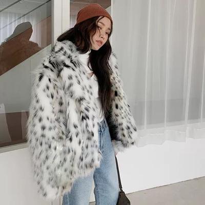 Fashion Casual Women's Fur Jacket Fox Fur Coat Medium and Long Suit Collar Leopard Print Plush Trench Coat