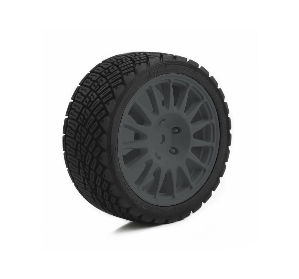 SHEAWA 110 RC Car Run-Flat Tires and Wheel Rims (4-Piece Set) - Compatible with Kyosho, Tamiya, and Other 110 Scale RC Cars (Gray)